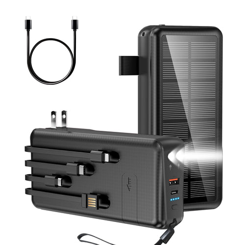 boogostore Portable Charger with Built in Cable and Wall Plug 50000mAh PD30W Fast Charging Solar Power Bank with 5 Output & 2 Input Dual LED Flashlights Phone Holder External Battery Pack (Black)